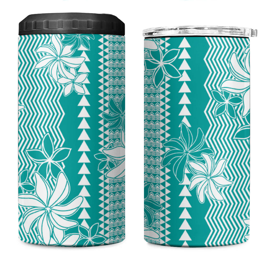 Hawaii Kakau Tribal 4 in 1 Can Cooler Tumbler With Teal Tiare LT05 One Size: 16 oz Teal - Polynesian Pride