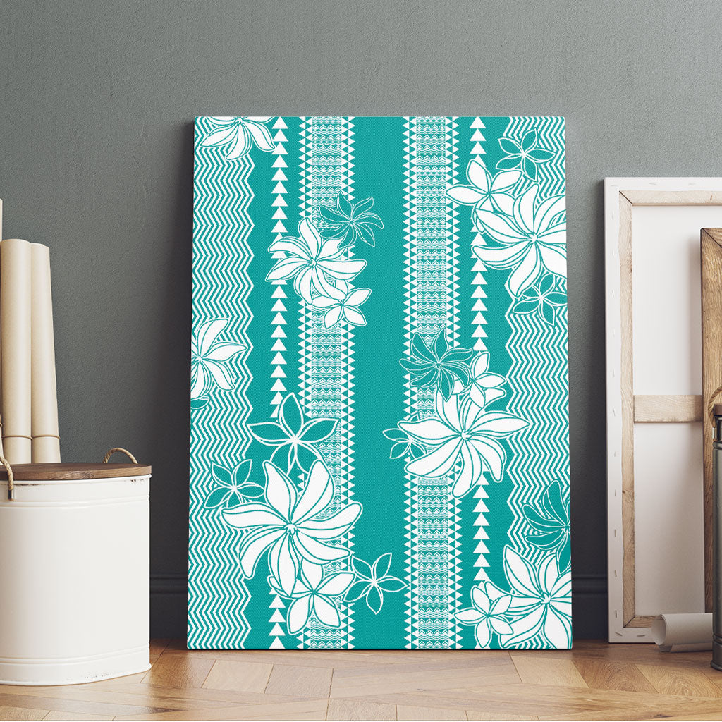 Hawaii Kakau Tribal Canvas Wall Art With Teal Tiare LT05 - Polynesian Pride