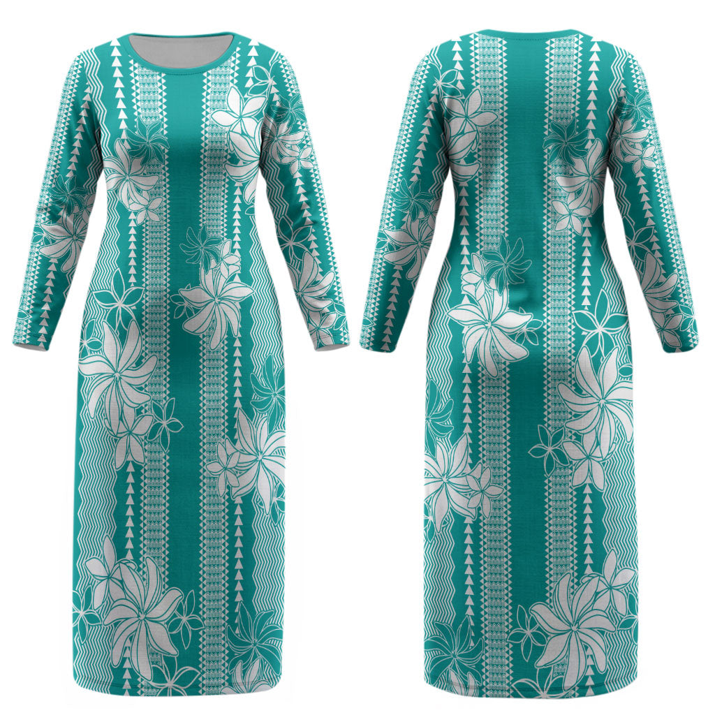 Hawaii Kakau Tribal Couples Matching Long Sleeve Bodycon Dress and Hawaiian Shirt With Teal Tiare LT05