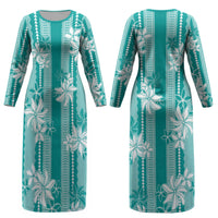 Hawaii Kakau Tribal Couples Matching Long Sleeve Bodycon Dress and Hawaiian Shirt With Teal Tiare LT05