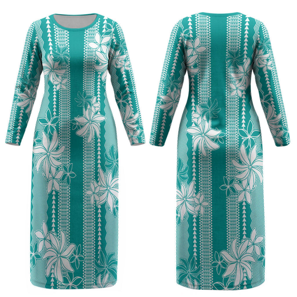 Hawaii Kakau Tribal Couples Matching Long Sleeve Bodycon Dress and Long Sleeve Button Shirt With Teal Tiare LT05
