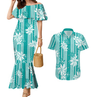 Hawaii Kakau Tribal Couples Matching Mermaid Dress and Hawaiian Shirt With Teal Tiare