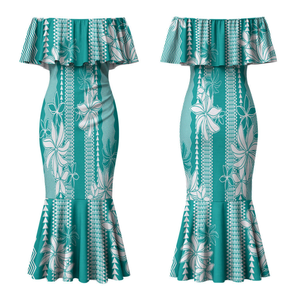 Hawaii Kakau Tribal Couples Matching Mermaid Dress and Long Sleeve Button Shirt With Teal Tiare LT05