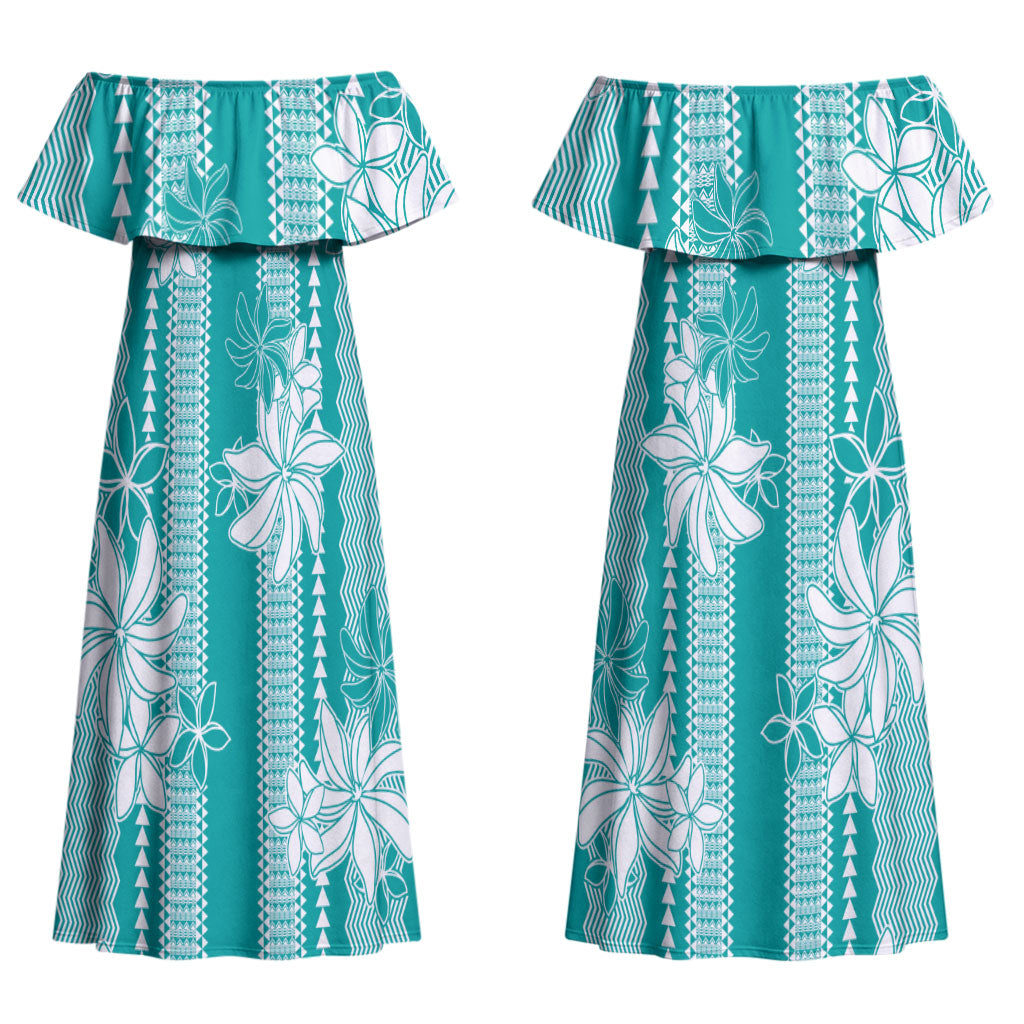 Hawaii Kakau Tribal Couples Matching Off Shoulder Maxi Dress and Long Sleeve Button Shirt With Teal Tiare LT05