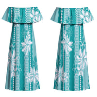 Hawaii Kakau Tribal Couples Matching Off Shoulder Maxi Dress and Long Sleeve Button Shirt With Teal Tiare LT05