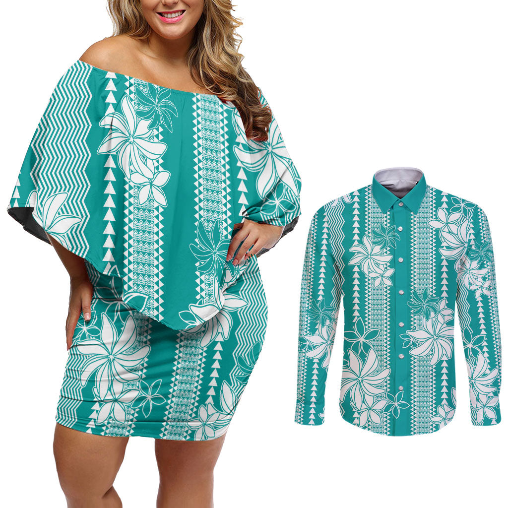 Hawaii Kakau Tribal Couples Matching Off Shoulder Short Dress and Long Sleeve Button Shirt With Teal Tiare LT05 Teal - Polynesian Pride
