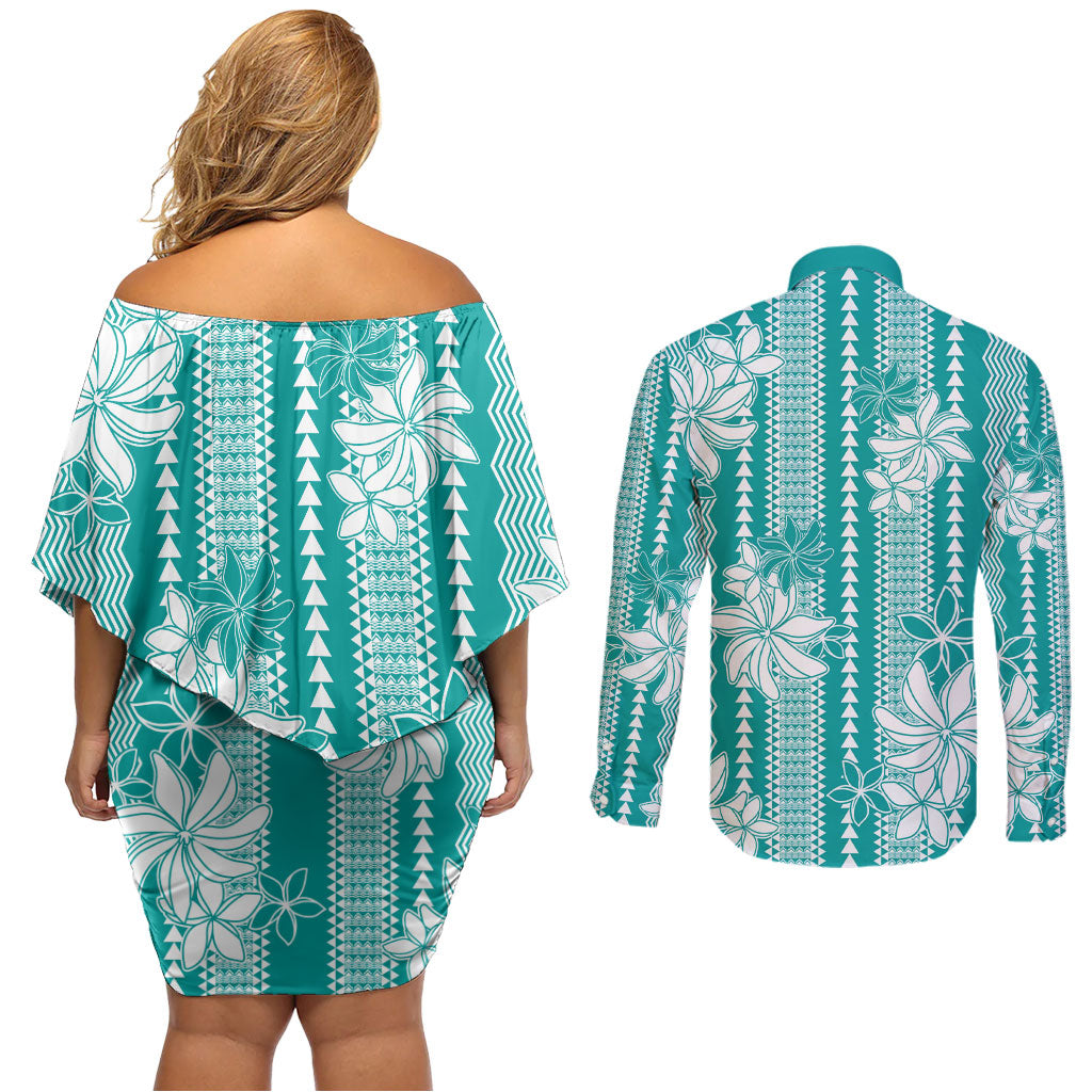 Hawaii Kakau Tribal Couples Matching Off Shoulder Short Dress and Long Sleeve Button Shirt With Teal Tiare