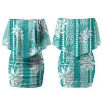 Hawaii Kakau Tribal Couples Matching Off Shoulder Short Dress and Long Sleeve Button Shirt With Teal Tiare LT05