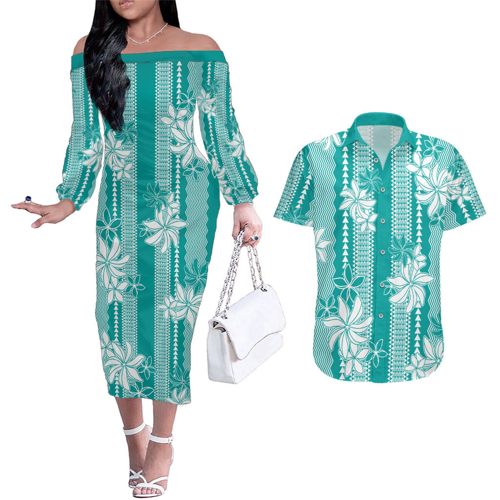 Hawaii Kakau Tribal Couples Matching Off The Shoulder Long Sleeve Dress and Hawaiian Shirt With Teal Tiare