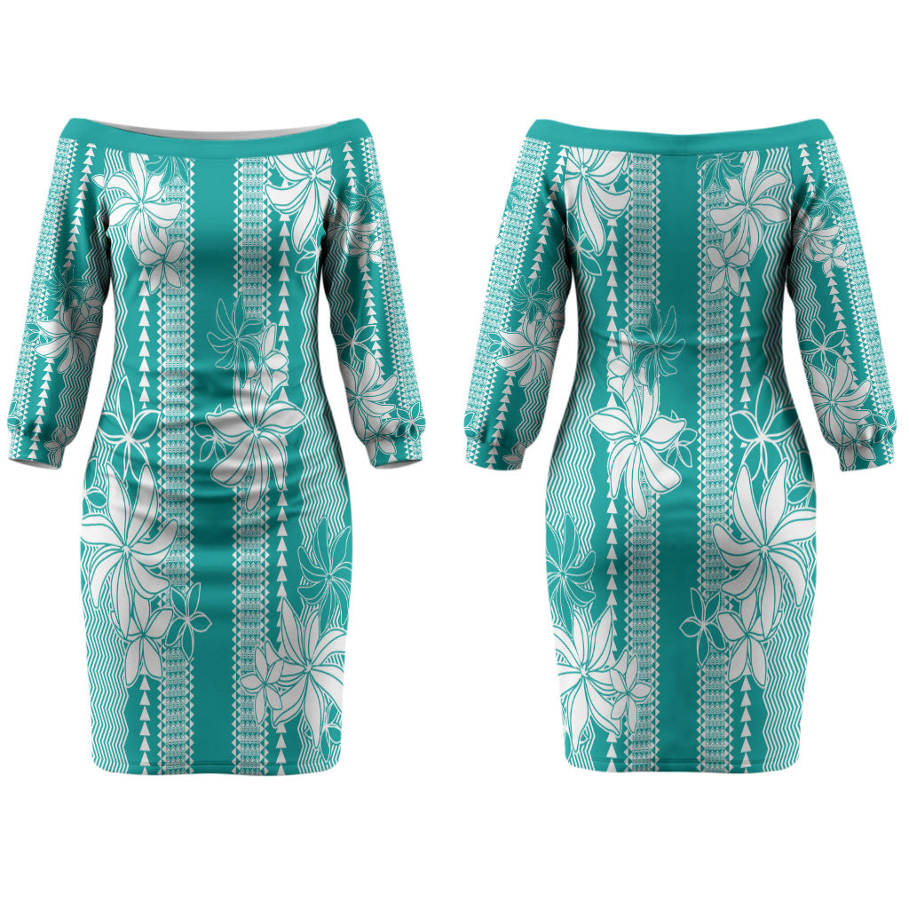 Hawaii Kakau Tribal Couples Matching Off The Shoulder Long Sleeve Dress and Hawaiian Shirt With Teal Tiare LT05
