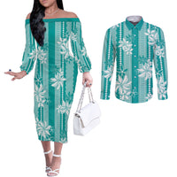 Hawaii Kakau Tribal Couples Matching Off The Shoulder Long Sleeve Dress and Long Sleeve Button Shirt With Teal Tiare