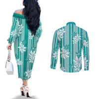 Hawaii Kakau Tribal Couples Matching Off The Shoulder Long Sleeve Dress and Long Sleeve Button Shirt With Teal Tiare