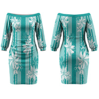 Hawaii Kakau Tribal Couples Matching Off The Shoulder Long Sleeve Dress and Long Sleeve Button Shirt With Teal Tiare LT05