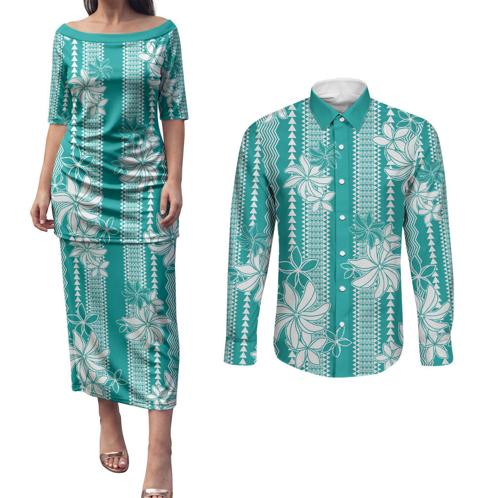 Hawaii Kakau Tribal Couples Matching Puletasi and Long Sleeve Button Shirt With Teal Tiare LT05 Teal - Polynesian Pride