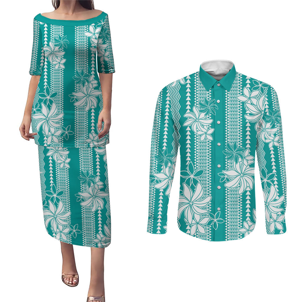 Hawaii Kakau Tribal Couples Matching Puletasi and Long Sleeve Button Shirt With Teal Tiare LT05 Teal - Polynesian Pride