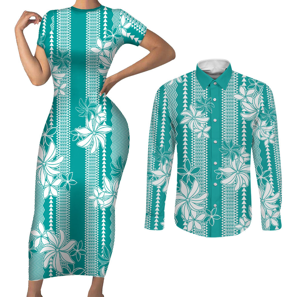 Hawaii Kakau Tribal Couples Matching Short Sleeve Bodycon Dress and Long Sleeve Button Shirt With Teal Tiare LT05 Teal - Polynesian Pride