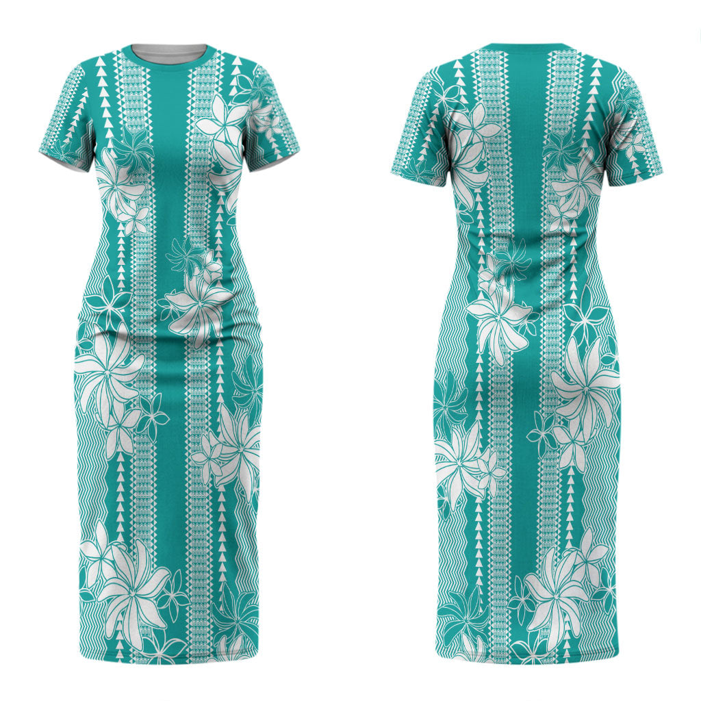 Hawaii Kakau Tribal Couples Matching Short Sleeve Bodycon Dress and Long Sleeve Button Shirt With Teal Tiare LT05