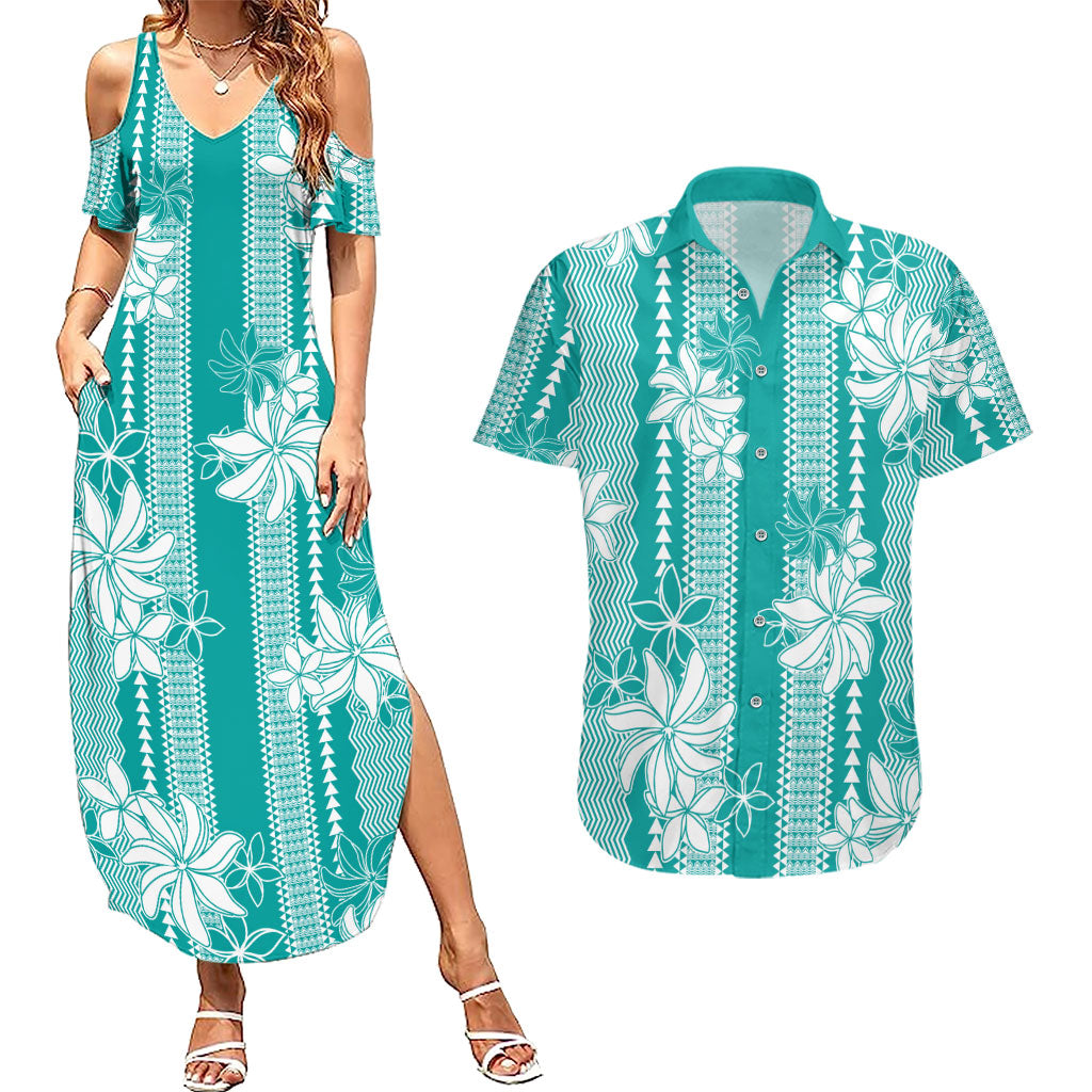 Hawaii Kakau Tribal Couples Matching Summer Maxi Dress and Hawaiian Shirt With Teal Tiare LT05 Teal - Polynesian Pride