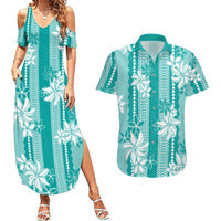 Hawaii Kakau Tribal Couples Matching Summer Maxi Dress and Hawaiian Shirt With Teal Tiare