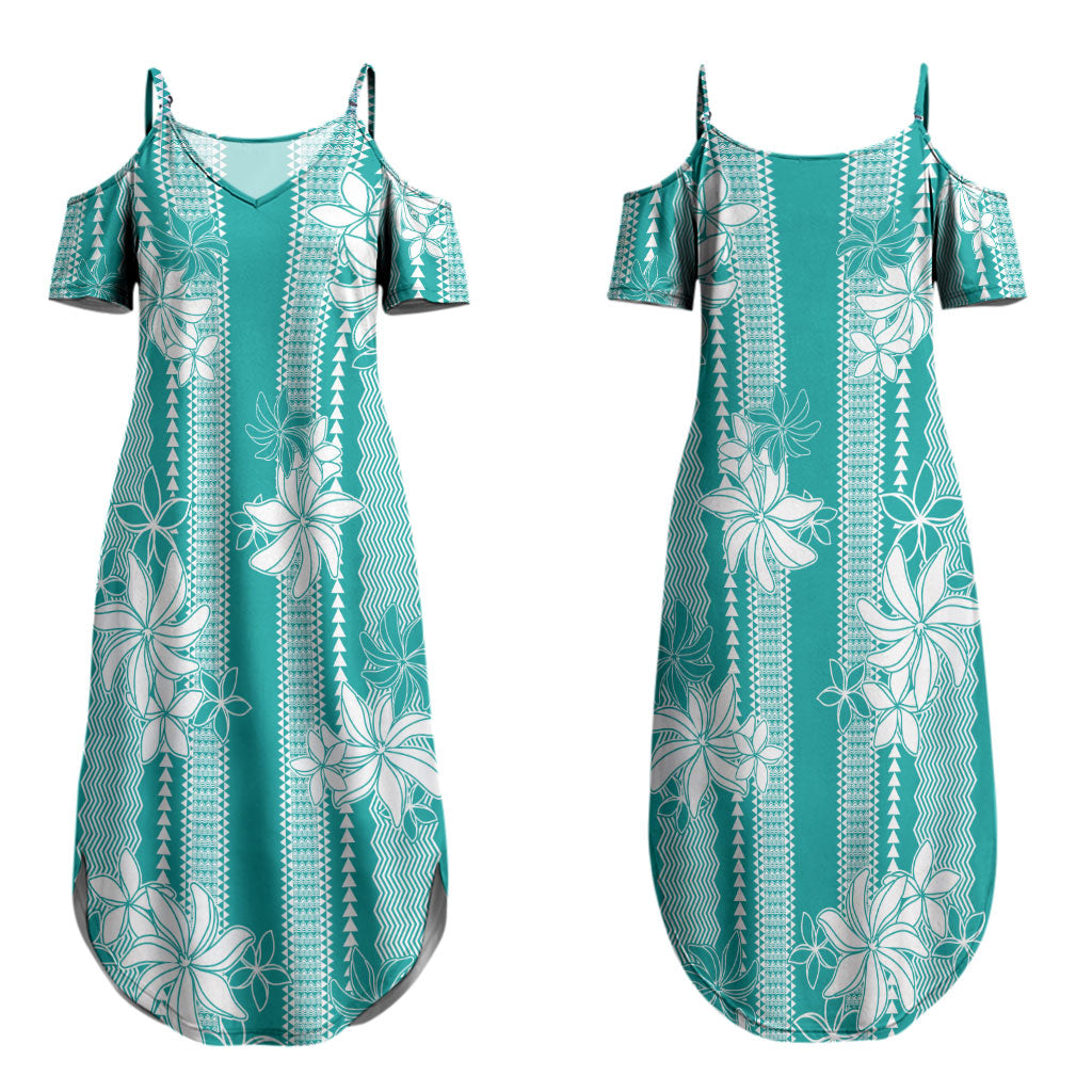 Hawaii Kakau Tribal Couples Matching Summer Maxi Dress and Hawaiian Shirt With Teal Tiare LT05