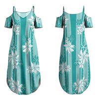 Hawaii Kakau Tribal Couples Matching Summer Maxi Dress and Hawaiian Shirt With Teal Tiare LT05