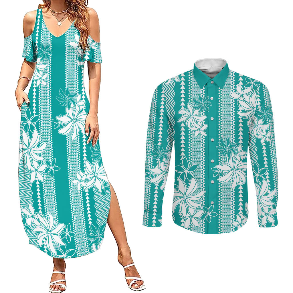 Hawaii Kakau Tribal Couples Matching Summer Maxi Dress and Long Sleeve Button Shirt With Teal Tiare LT05 Teal - Polynesian Pride
