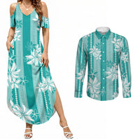 Hawaii Kakau Tribal Couples Matching Summer Maxi Dress and Long Sleeve Button Shirt With Teal Tiare LT05 Teal - Polynesian Pride