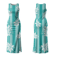 Hawaii Kakau Tribal Couples Matching Tank Maxi Dress and Long Sleeve Button Shirt With Teal Tiare LT05