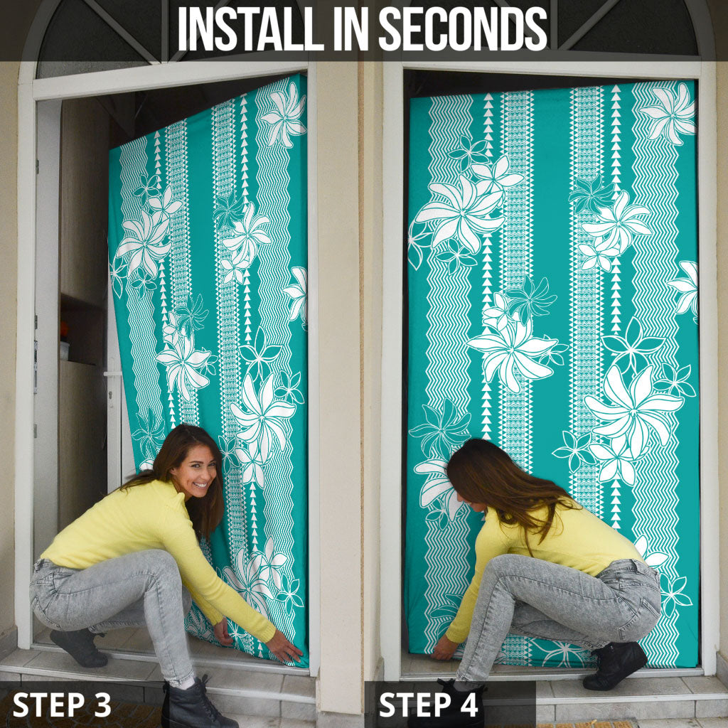 Hawaii Kakau Tribal Door Cover With Teal Tiare LT05 - Polynesian Pride