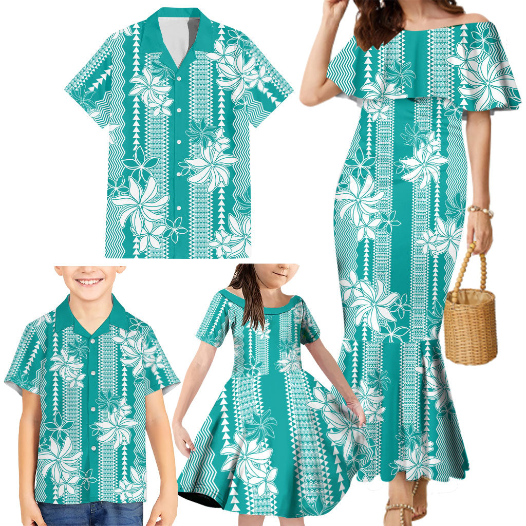 Hawaii Kakau Tribal Family Matching Mermaid Dress and Hawaiian Shirt With Teal Tiare
