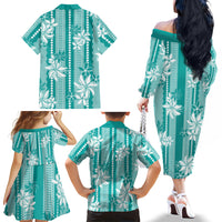Hawaii Kakau Tribal Family Matching Off The Shoulder Long Sleeve Dress and Hawaiian Shirt With Teal Tiare