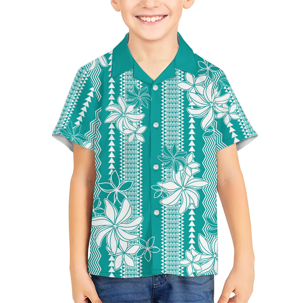 Hawaii Kakau Tribal Family Matching Off The Shoulder Long Sleeve Dress and Hawaiian Shirt With Teal Tiare