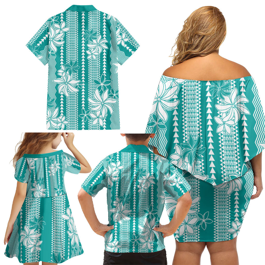 Hawaii Kakau Tribal Family Matching Off Shoulder Short Dress and Hawaiian Shirt With Teal Tiare