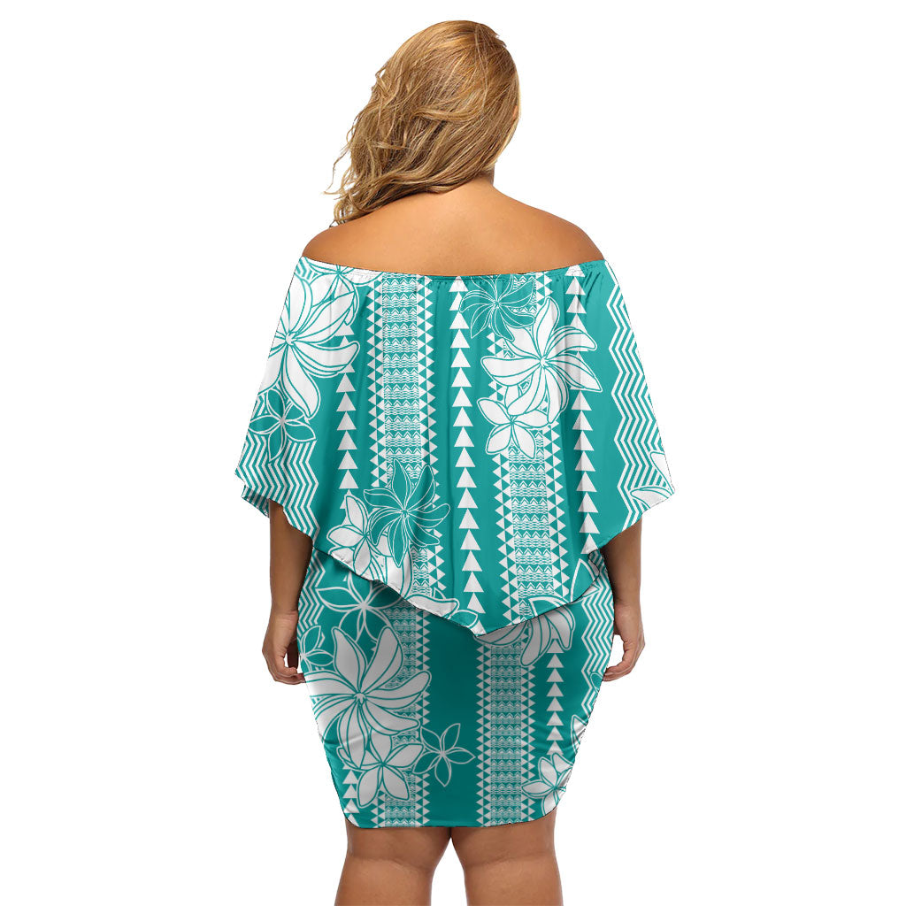 Hawaii Kakau Tribal Family Matching Off Shoulder Short Dress and Hawaiian Shirt With Teal Tiare