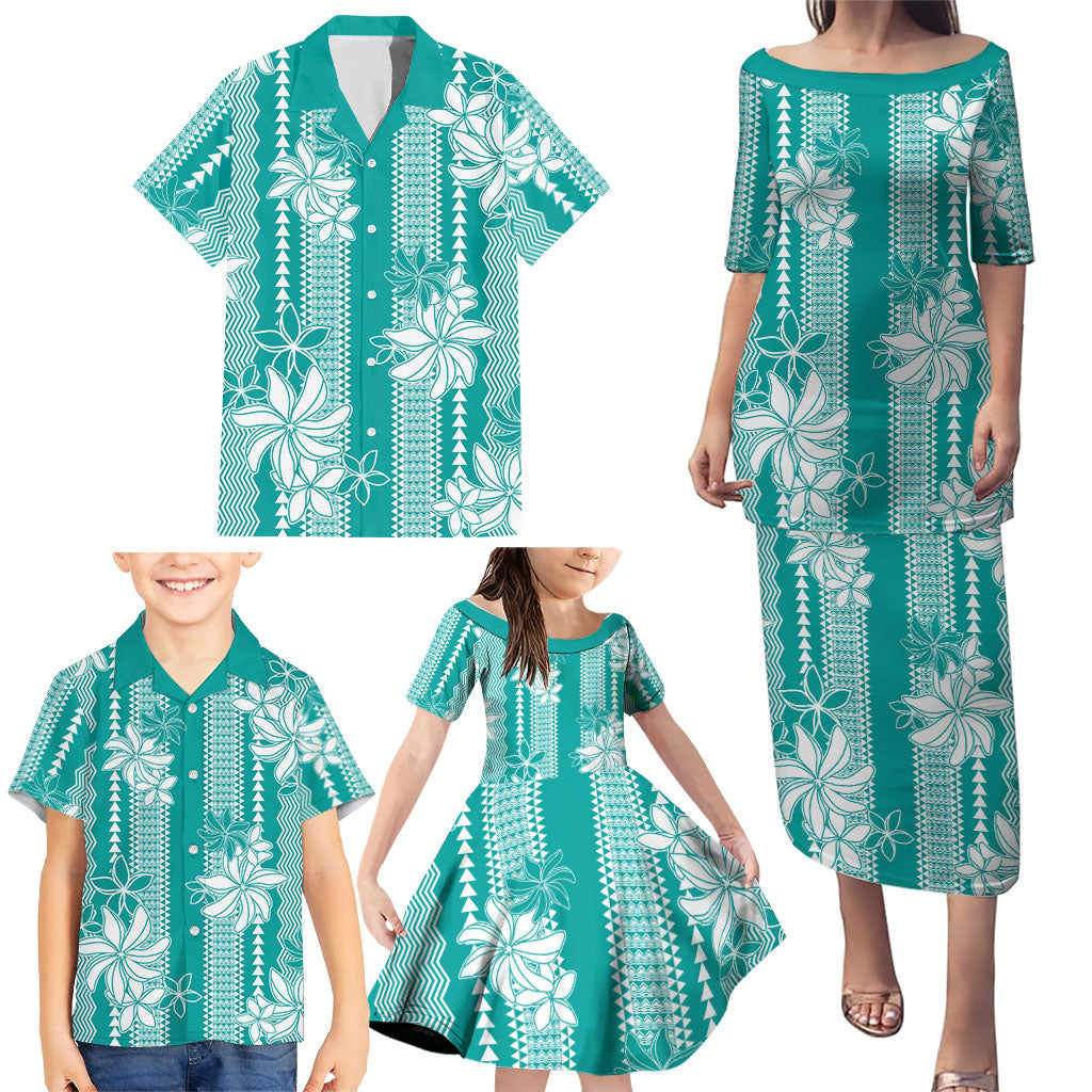 Hawaii Kakau Tribal Family Matching Puletasi and Hawaiian Shirt With Teal Tiare