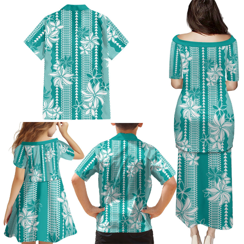 Hawaii Kakau Tribal Family Matching Puletasi and Hawaiian Shirt With Teal Tiare