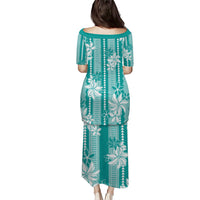 Hawaii Kakau Tribal Family Matching Puletasi and Hawaiian Shirt With Teal Tiare
