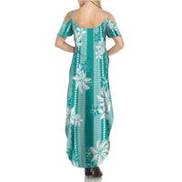 Hawaii Kakau Tribal Family Matching Summer Maxi Dress and Hawaiian Shirt With Teal Tiare