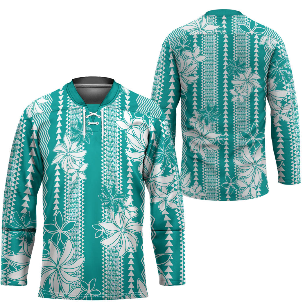 Hawaii Kakau Tribal Hockey Jersey With Teal Tiare LT05 - Polynesian Pride