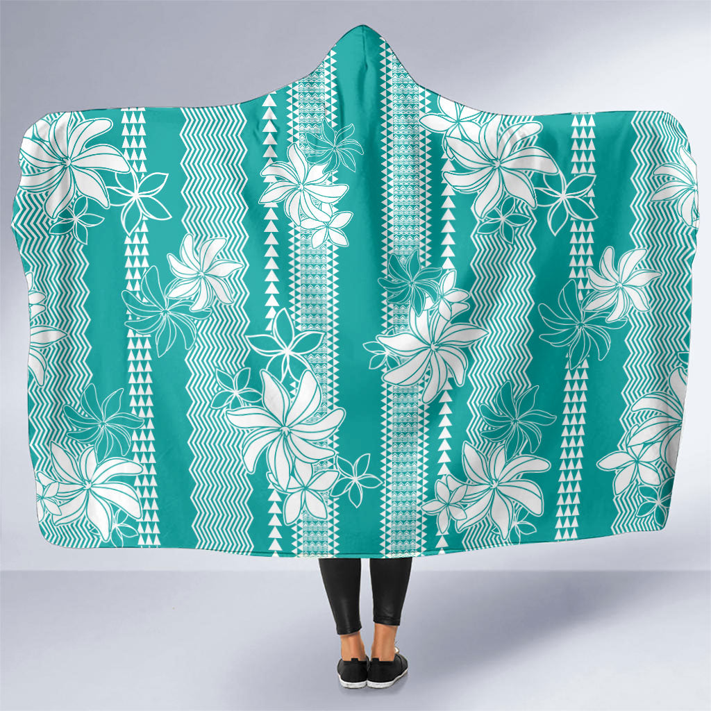 Hawaii Kakau Tribal Hooded Blanket With Teal Tiare LT05 One Size Teal - Polynesian Pride
