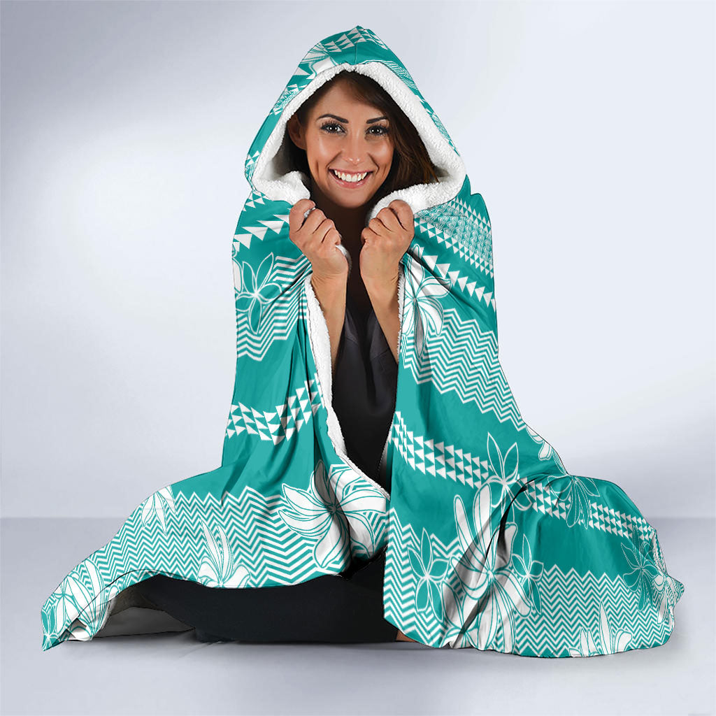 Hawaii Kakau Tribal Hooded Blanket With Teal Tiare