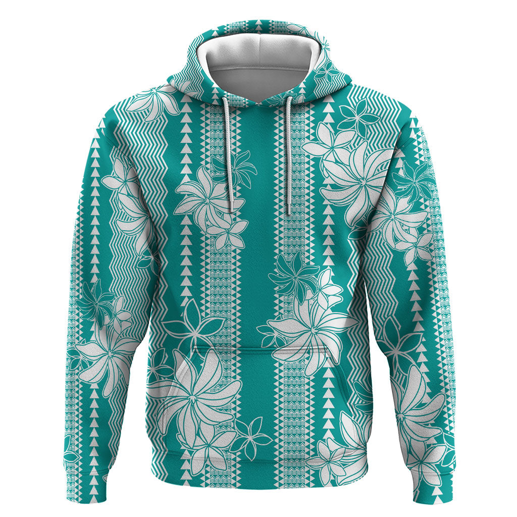 Hawaii Kakau Tribal Hoodie With Teal Tiare LT05 Pullover Hoodie Teal - Polynesian Pride