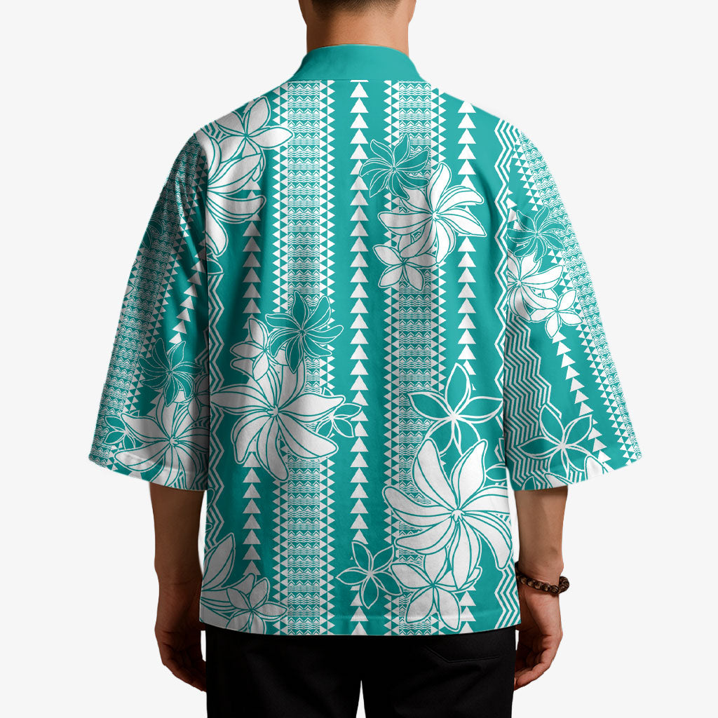 Hawaii Kakau Tribal Kimono With Teal Tiare