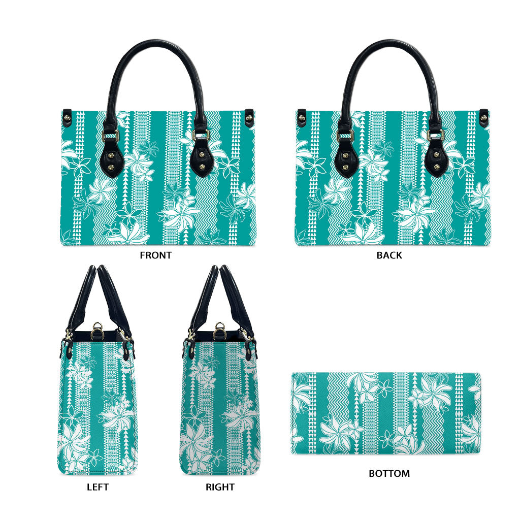 Hawaii Kakau Tribal Leather Bag With Teal Tiare LT05 - Polynesian Pride