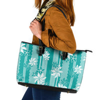 Hawaii Kakau Tribal Leather Tote Bag With Teal Tiare LT05 Teal - Polynesian Pride