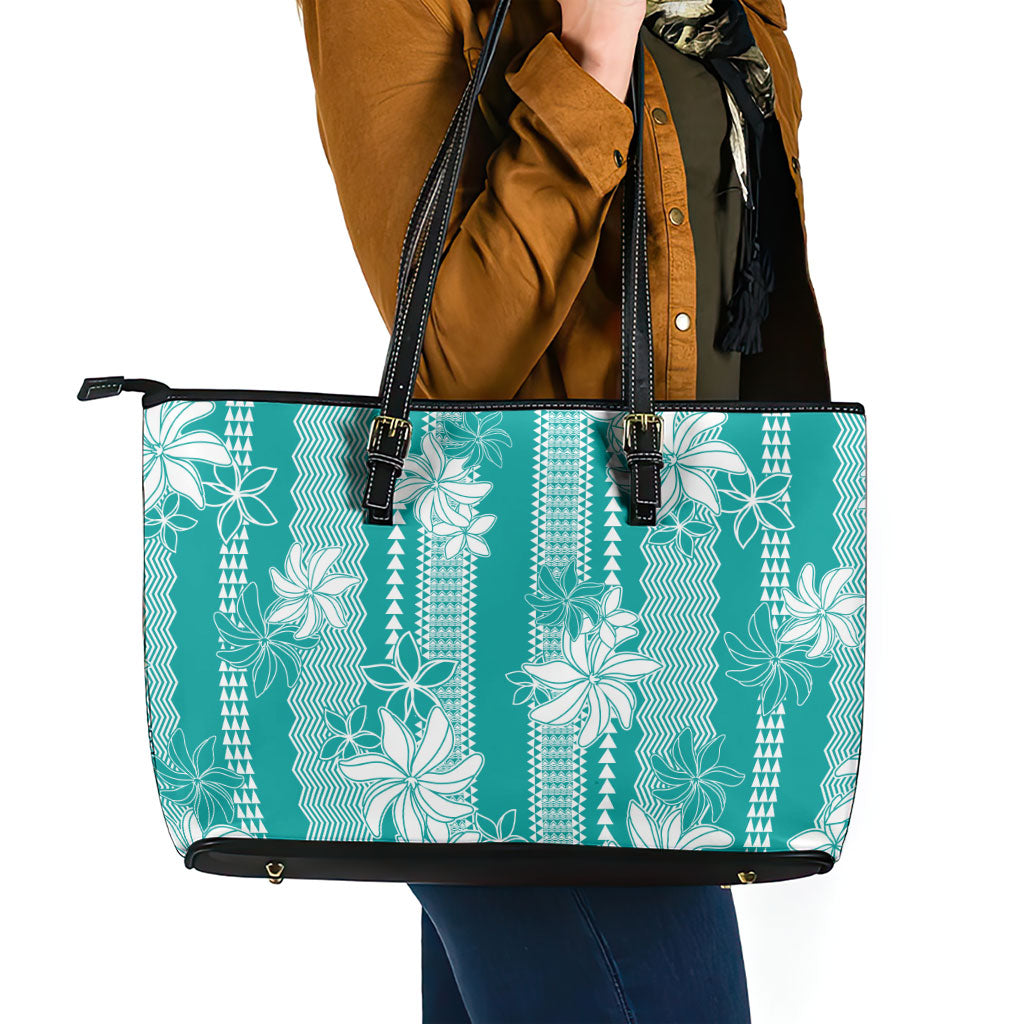 Hawaii Kakau Tribal Leather Tote Bag With Teal Tiare LT05 - Polynesian Pride