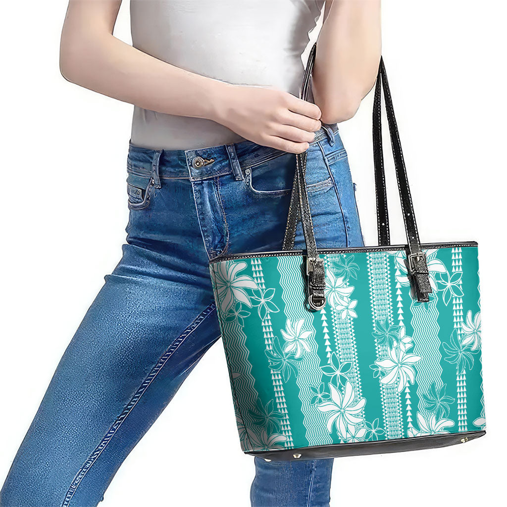 Hawaii Kakau Tribal Leather Tote Bag With Teal Tiare LT05 - Polynesian Pride
