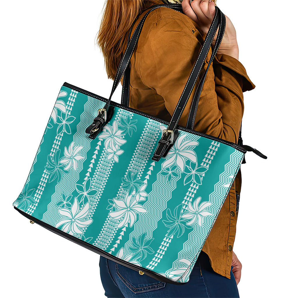 Hawaii Kakau Tribal Leather Tote Bag With Teal Tiare LT05 - Polynesian Pride