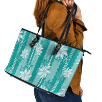 Hawaii Kakau Tribal Leather Tote Bag With Teal Tiare LT05 - Polynesian Pride