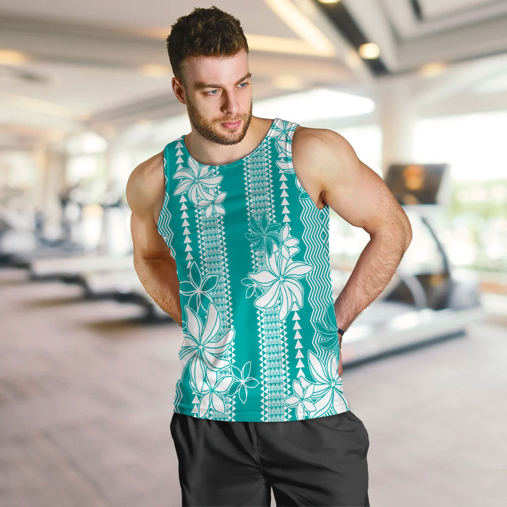 Hawaii Kakau Tribal Men Tank Top With Teal Tiare LT05 Teal - Polynesian Pride